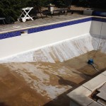 Swimming pool walls fibreglassed and tile band fitted.